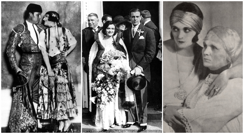 Od lewej: Pola Negri i jej wielka miłość aktor Rudolf Valentino; aktorka tuż po ślubie ze swoim drugim (i ostatnim) mężem księciem Serge'em Mdivanim; Pola Negri ze swoją matką Eleonorą Chałupiec. Źródło: wikimedia/domena publiczna