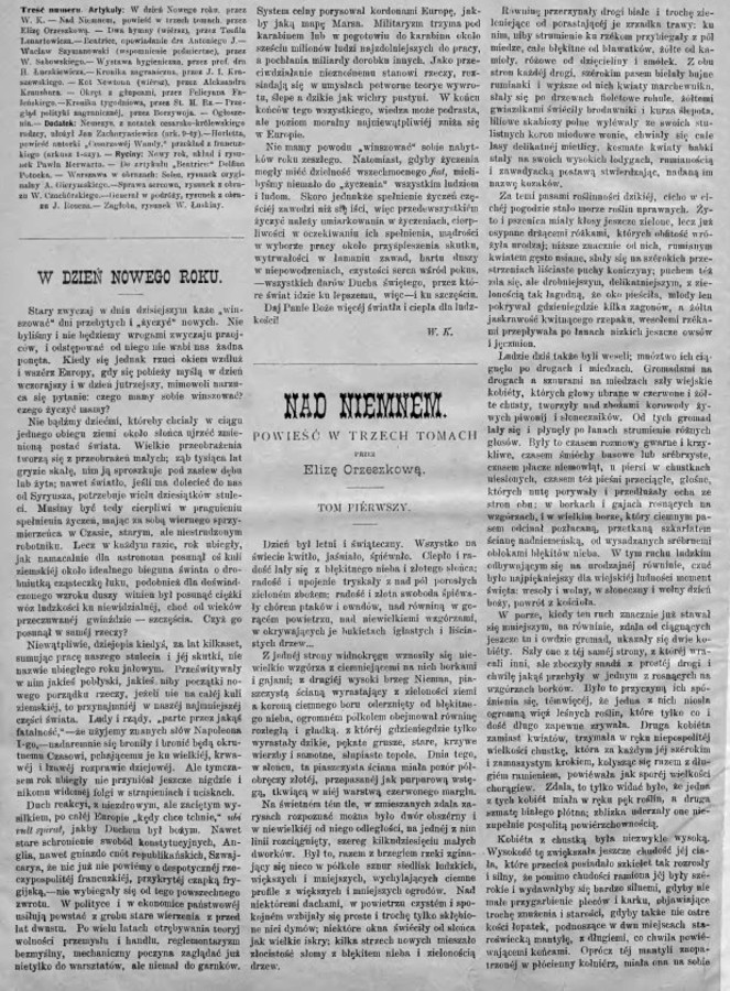 Początek "Nad Niemnem" Elizy Orzeszkowej w "Tygodniku Ilustrowanym", 1 stycznia 1887 r. Fot. Biblioteka Cyfrowa Uniwersytetu Łódzkiego/domena publiczna