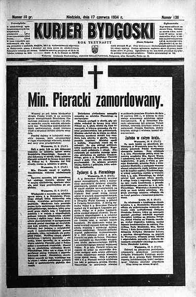 Informacja o śmierci Bronisława Pierackiego na pierwszej stronie "Kuriera Bydgoskiego”, 17 czerwca 1934. For. wikipedia/dp