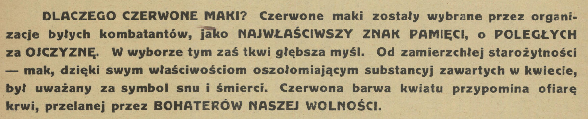 "Czerwone maki na groby poległych za Ojczyznę!" Fragm. ulotki z 1938 r. Fot. Polona/domena publiczna 