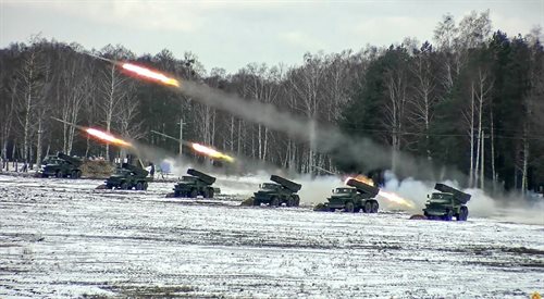 A handout photo made available by the Belarusian Defence Ministrys press service shows rocket-launching vehicles of the Belarus Armed Forces during a military exercise at the Brestsky training ground near Brest, Belarus, 03 February 2022. The joint military exercises of the armed forces of Russia and Belarus Allied Resolve - 2022 will be held fr
