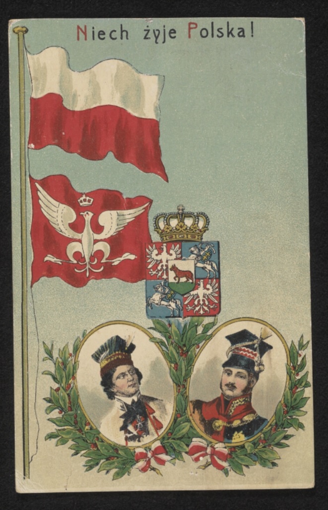 Pocztówka z wizerunkiem polskiej flagi oraz Tadeusza Kościuszki i księcia Józefa Poniatowskiego. Rok 1918 (foto: polona.pl)