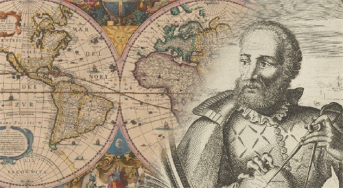 Ferdynand Magellan. W tle mapa z: Gerardi Mercatoris Atlas ou Representation Du Monde Universel Et Des Parties DIcelui,