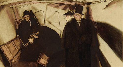 Fragment plakatu z 1920 r. reklamującego jedno ze sztandarowych dzieł niemieckiego ekspresjonizmu filmowego - Gabinet  doktora Caligari Roberta Wienego