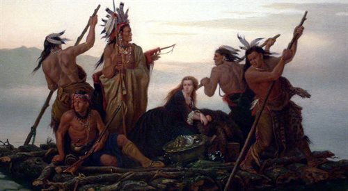 Porwanie córki Boonea przez Indian, kanwa powieści Ostatni Mohikanin. Obraz Karla Wimara z 1855 roku