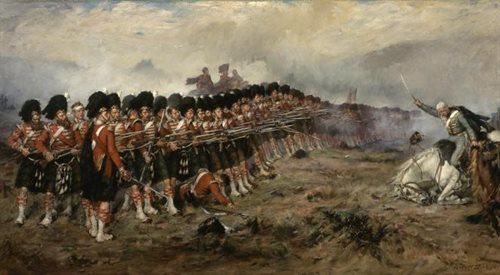 Dwuszereg utworzony podczas bitwy pod Bałakławą przez 93 Pułk Górali Szkockich, który odparł szarżę rosyjskiej kawalerii. Obraz Roberta Gibba
