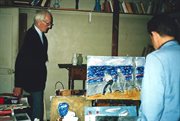 Józef Czapski i  Wojciech Karpiński w podparyskiej siedzibie polskiego Instytutu Literackiego. Francja, Maisons-Laffitte, 1986