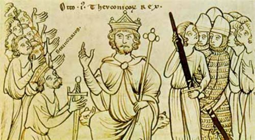 Manuskrypt z XII wieku przedstawiający Ottona I przyjmującego kapitulację Berengara II fot. Wikipediadp