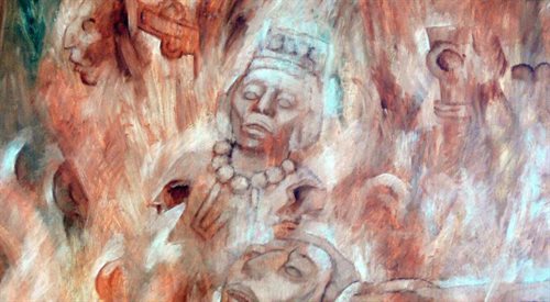 Fragm. malowidła Fernanda Castro Pacheco przedstawiającego spalenie przez Diego de Landa wizerunków majańskich bogów. Merida, Palacio de Gobierno