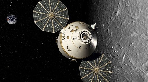 Kapsuła Orion na tle Księżyca - wizja artysty