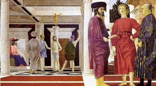 Fragment obrazu Biczowanie Piero della Francesca