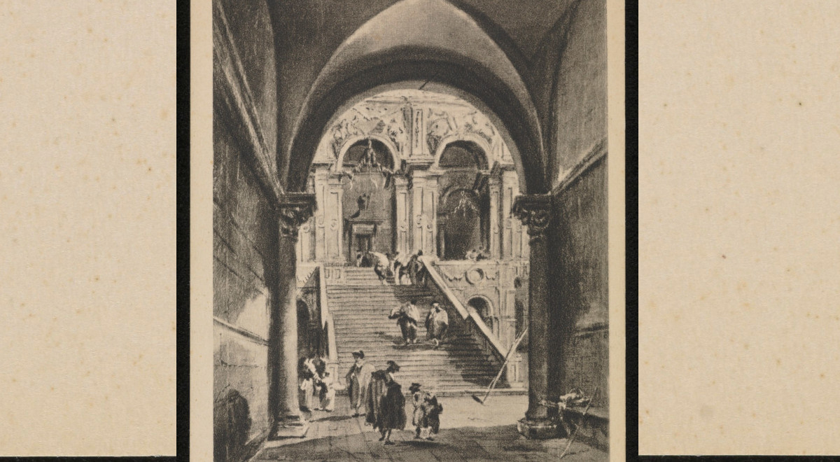 Pocztówka. Na awersie reprodukcja obrazu Francesco Guardiego Schody do Pałacu Dożów w Wenecji