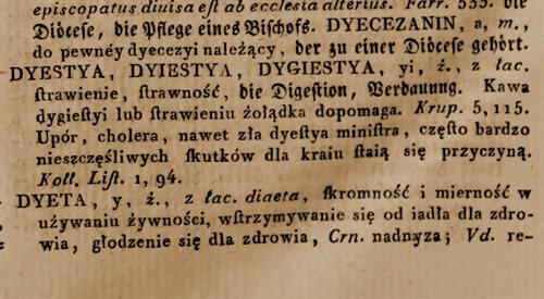 Hasło dyeta w Słowniku języka polskiego Samuela Lindego z XIX w. Od tamtego czasu znaczenie tego wyrazu zmieniło się w bardzo dużym stopniu