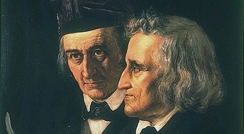 Podwójny portret Wilhelma (po lewej) i Jakuba Grimmów autorstwa Elisabeth Marii Anny Jerichau-Baumann, 1855