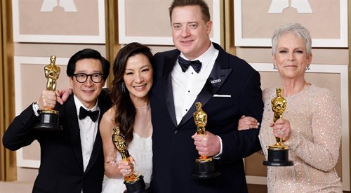 95. ceremonia wręczenia nagród Amerykańskiej Akademii Filmowej. Od lewej: Ke Huy Quan, Michelle Yeoh, Brendan Fraser i Jame Lee Curtis - Los Angeles 2023 rok.