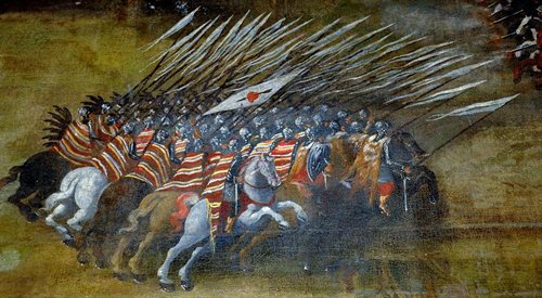 Atak polskiej husarii na wojska rosyjskie w bitwie pod Kłuszynem w 1610 roku. Obraz pędzla Szymona Boguszowicza
