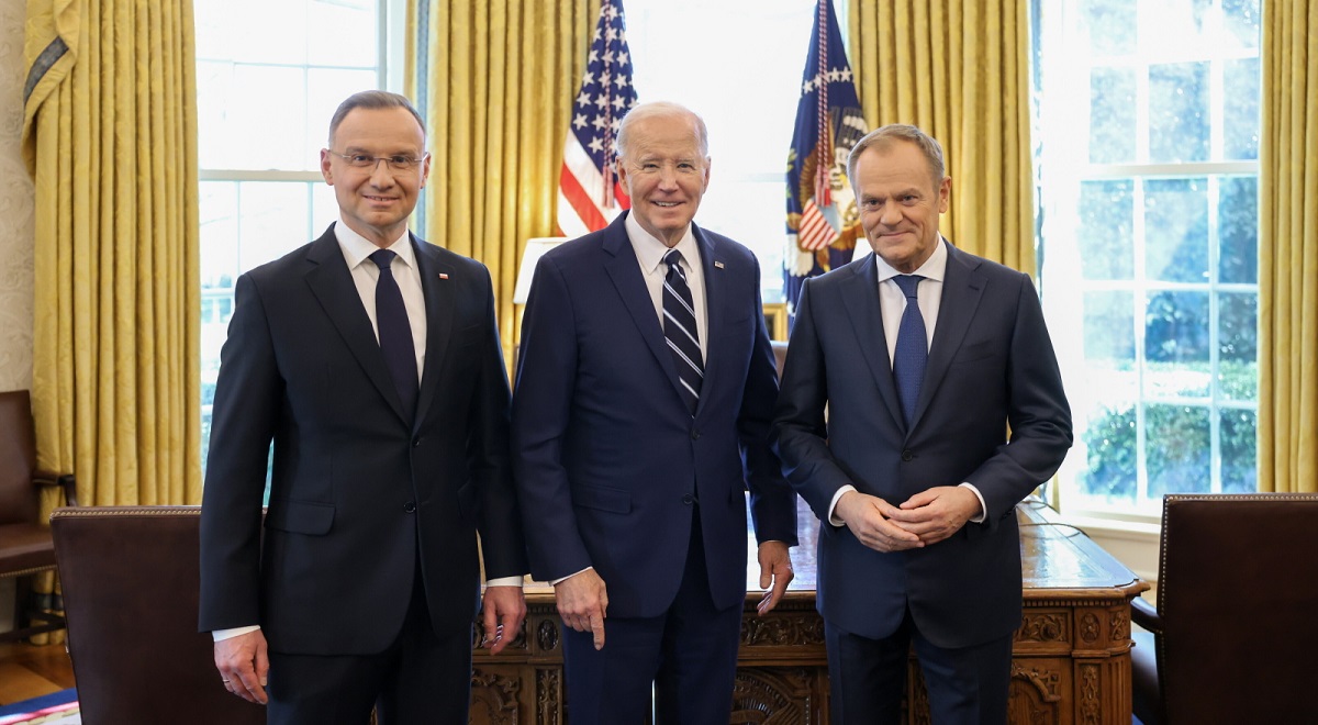 Polish President Andrzej Duda, US President Joe Biden and Polish Prime Minister Donald Tusk meet at the White House on Tuesday, March 12, 2024.