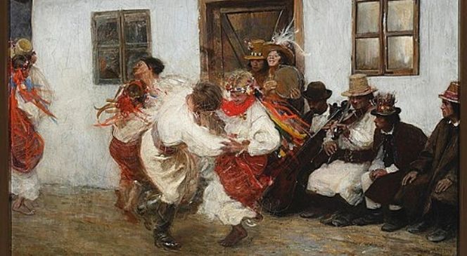 "Kołomyjka" Teodora Axentowicza. Obraz przedstawia chłopów tańczących kołomyjkę - taniec szczególnie popularny na terenach ukraińskich, mołdawskich i rumuńskich
