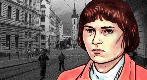 Grafika według portretu Olgi Hepnarovej na tle miejsca, w którym dokonała swojej zbrodni