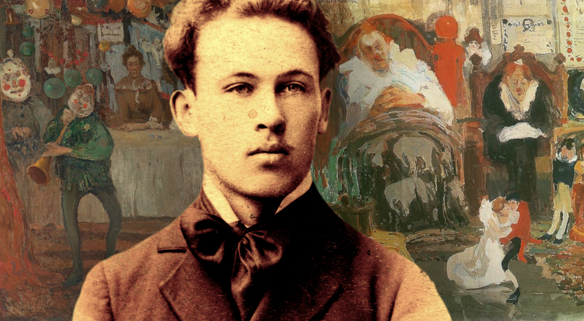 Witold Wojtkiewicz. W tle obrazy jego autorstwa: Cyrk (1905) i Marionetki (1907)