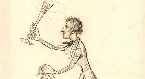 Fryderyk Chopin wygłaszający toast na rysunku Józefa Szymona Kurowskiego (1809-1851)
