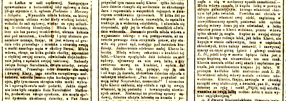 Artykuł poświęcony procesowi o lalkę w "Gazecie Polskiej" z 9 lutego 1887 roku. Fot. Polona.pl/domena publiczna