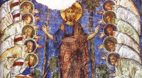 XII-wieczny fresk przedstawiający Jezusa i dwunastu apostołów (Kapadocja)