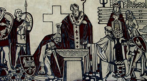 Upamiętniający chrzest Mieszka I mural z 1970 r. znajdujący się na ścianie rezydencji gnieźnieńskich biskupów pomocnicniczych