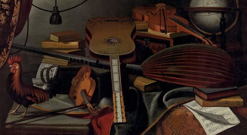 Martwa natura z instrumentami muzycznymi - olej na płótnie; obraz Bartolomeo Bettera