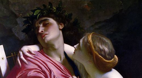 Fragment obrazu Orfeusz i Eurydyka, autorstwa brytyjskiego malarza Frederica Leightona. Orfeusz w mitologii greckiej uważany jest za największego śpiewaka, muzyka i poetę greckiego