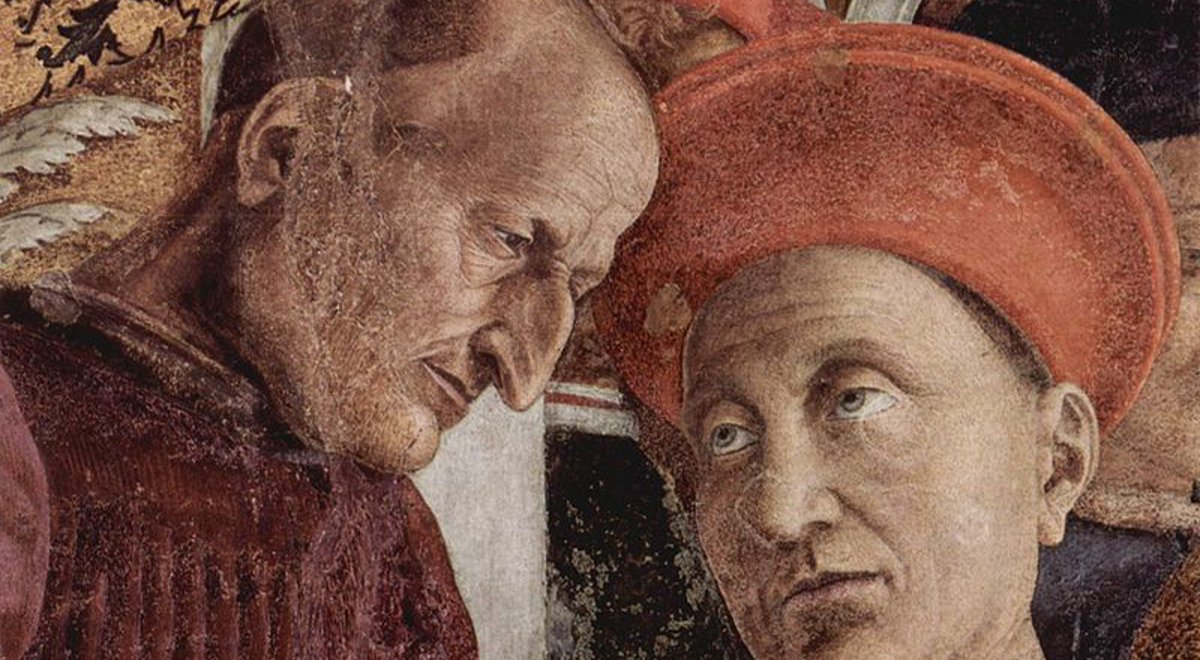 Ludovico Gonzaga otrzymuje wiadomość, że jego syn Francesco został wybrany kardynałem (fragment fresku Andrei Mantegni ze Stanza del Sposi w Palazzo Ducale w Mantui)