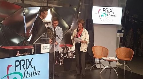 Tomasz Perkowski i Bartosz Panek podczas uroczystości wręczenia Prix Italia w Turynie, 25 września 2014 r.