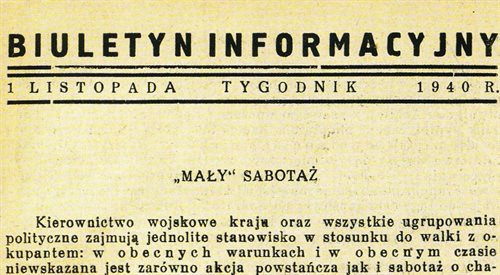 Winieta Biuletynu Informacyjnego z 1 listopada 1940 roku wraz z artykułem Aleksandra Kamińskiego o małym sabotażu