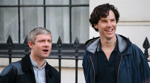 Martin Freeman (John Watson) i Benedict Cumberbatch (Sherlock Holmes) podczas pracy nad trzecim sezonem serialu Sherlock