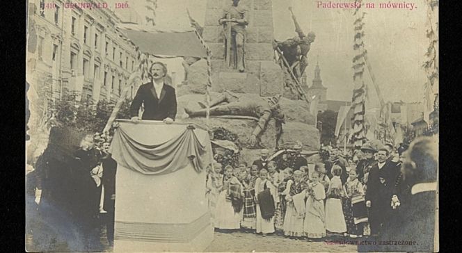 Ignacy Paderewski przemawia podczas uroczystości odsłonięcia Pomnika Grunwaldzkiego. Źródło: Polona/Domena publiczna

