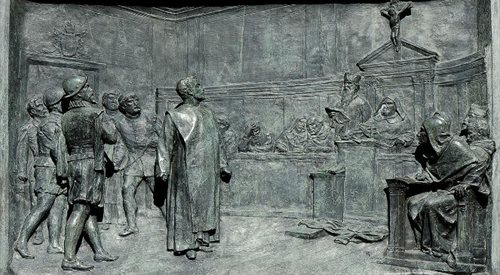 Proces Giordano Bruno - tablica na pomniku filozofa na Campo de Fiori w Rzymie