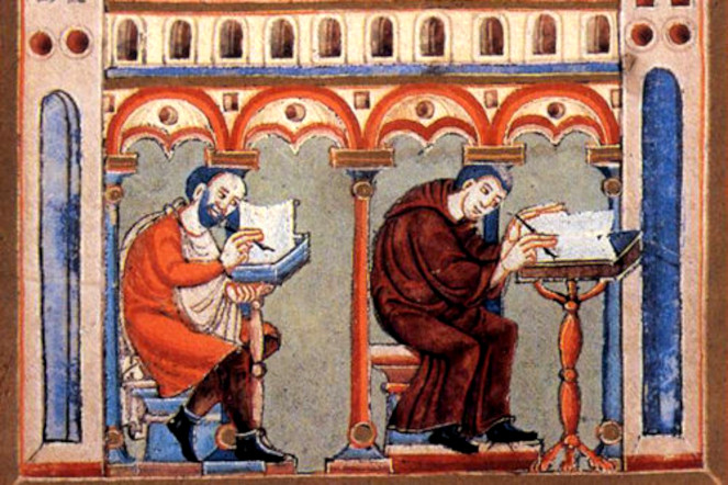 Skrybowie w średniowiecznym skryptorium, pocz. XI w. Fot. Wikimedia/domena publiczna