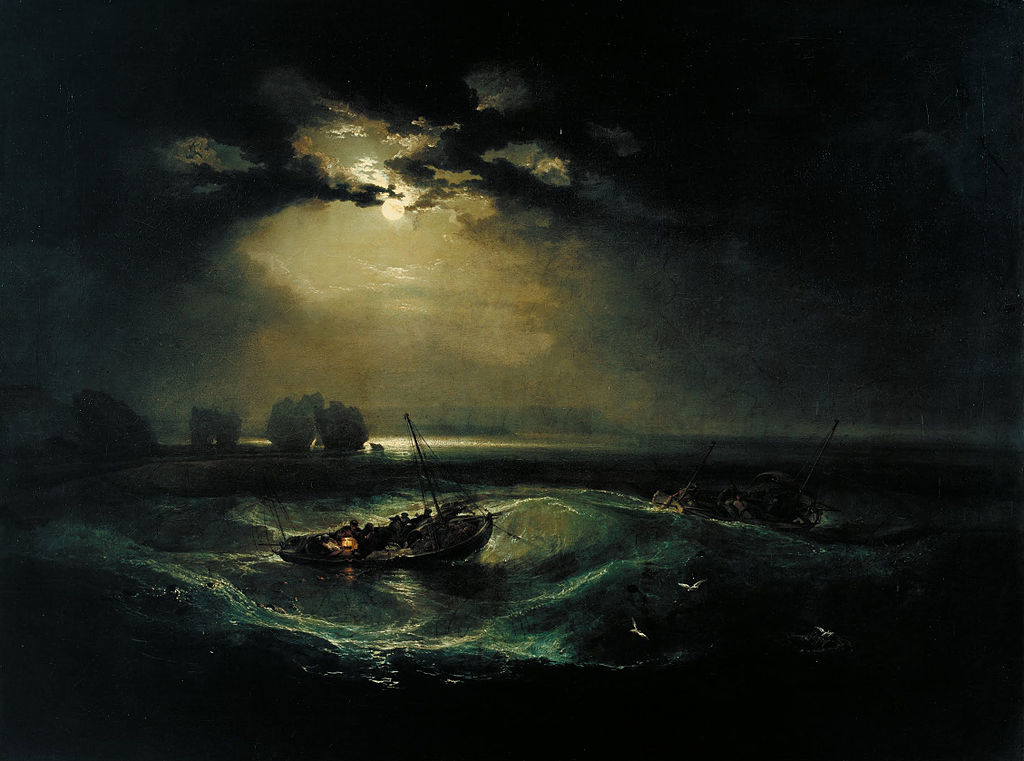 "Rybacy na morzu" ("Fishermen at Sea"), jedno z wczesnych dzieł Williama Turnera, pierwszy obraz olejny jego autorstwa wystawiony w Królewskiej Akademii Sztuk Pięknych (1796). Fot. domena publiczna
