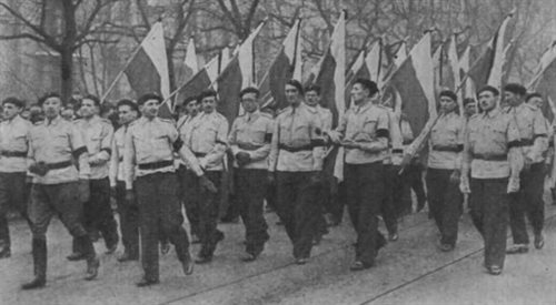 Członkowie Stronnictwa Narodowego podczas pogrzebu Romana Dmowskiego, Warszawa 1939.
