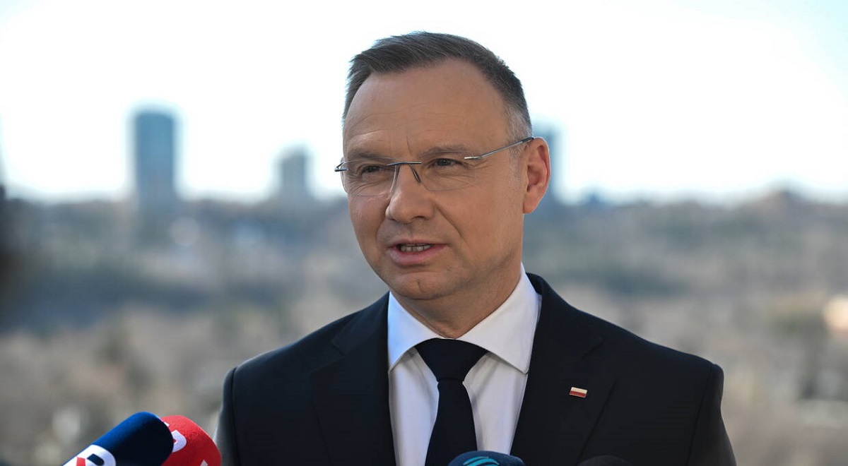 Polish President Andrzej Duda during a press conference in Edmonton, Canada.