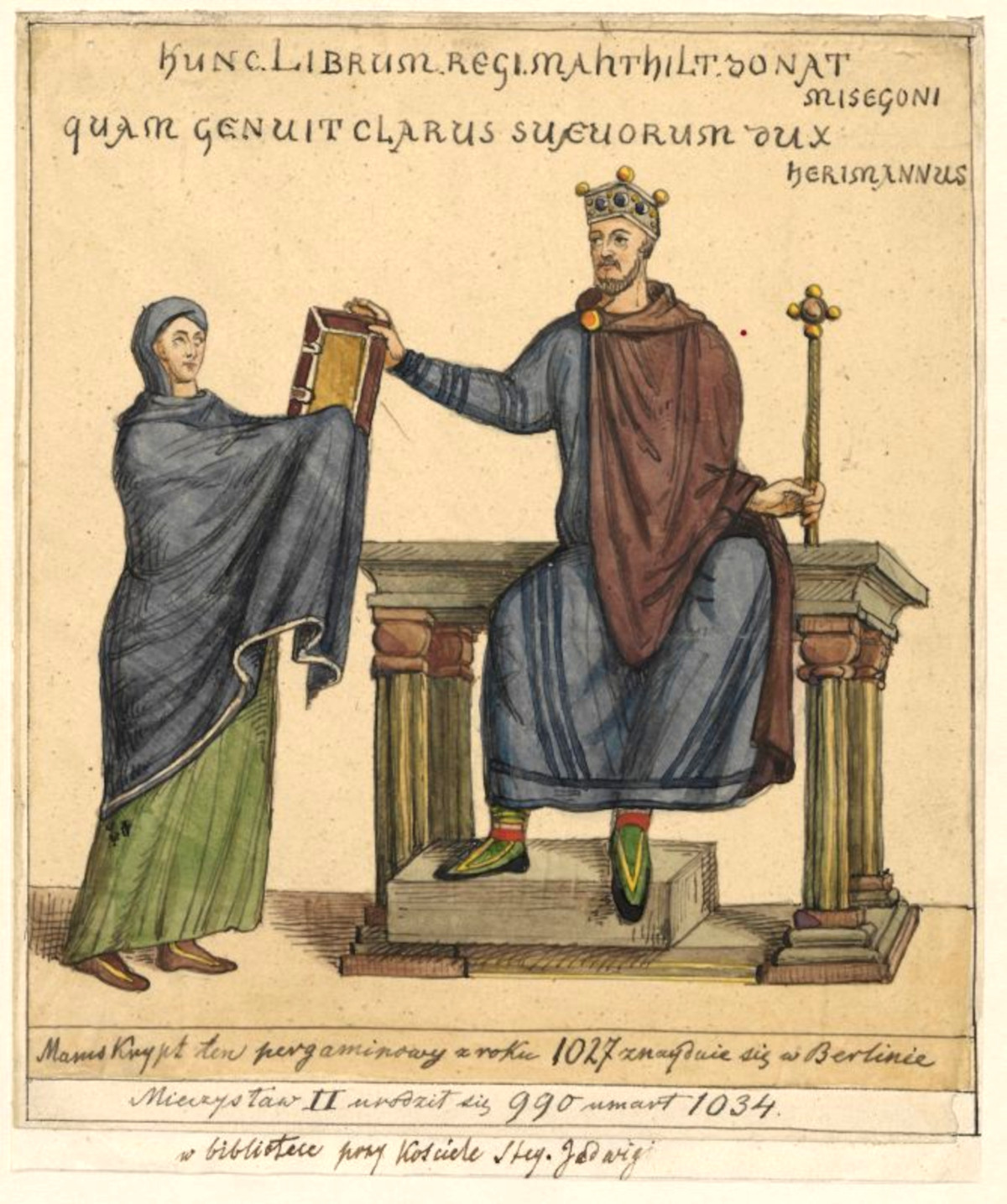 Mieczysław II (Mieszko II Lambert) w stroju koronacyjnym, według manuskryptu pergaminowego z r. 1027 znajdującego się w Berlinie. Fot. Muzeum Narodowe w Warszawie  