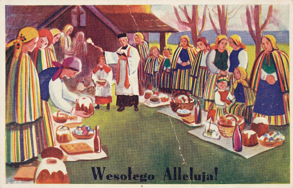 Pocztówka wielkanocna z 1937 roku z obrazem święcenia pokarmów. Fot. Polona/domena publiczna