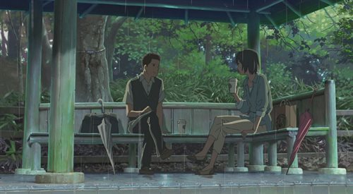Kadr z filmu Ogród słów w reżyserii Makoto Shinkai. Głównym bohaterem jest nastoletni Takao, który spotyka o kilkanaście lat starszą Yukino. W deszczowe dni oboje przychodzą do tego samego ogrodu