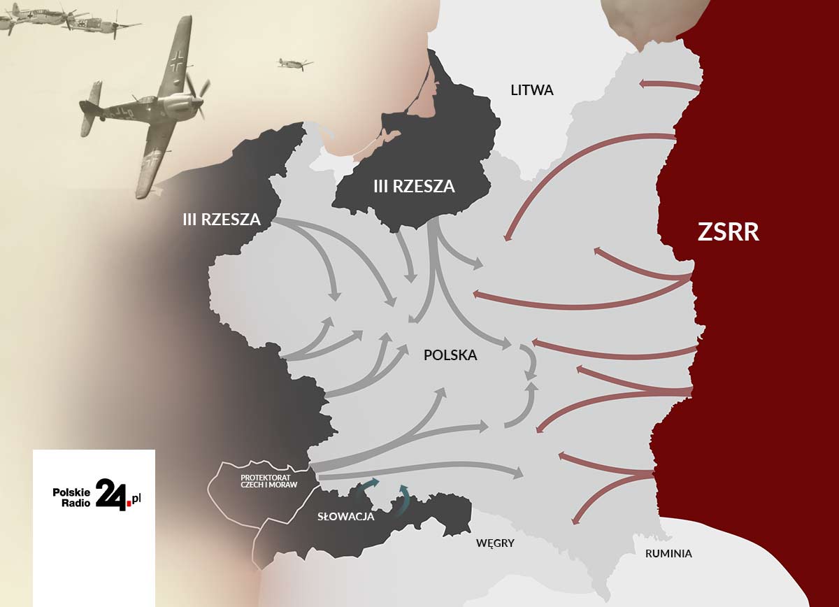 Atak wojsk III Rzeszy (szary), ZSRR (czerwony) i Słowacji (niebieski) na Polskę