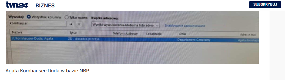A screenshot published by TVN24 Biznes briefly showed Agata Kornhauser-Duda listed as an advisor to Poland’s central bank, though the bank later confirmed she holds no such position. 