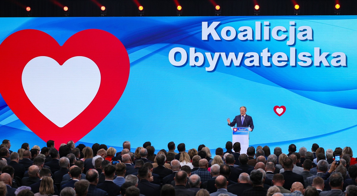 Polish Prime Minister Donald Tusk speaks at a convention of his governing Civic Coalition (KO) bloc in Warsaw on Saturday, Oct. 25, 2025.