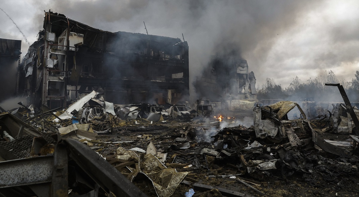 The aftermath of a Russian air attack on the Ukrainian capital Kyiv on Saturday, October 25, 2025.