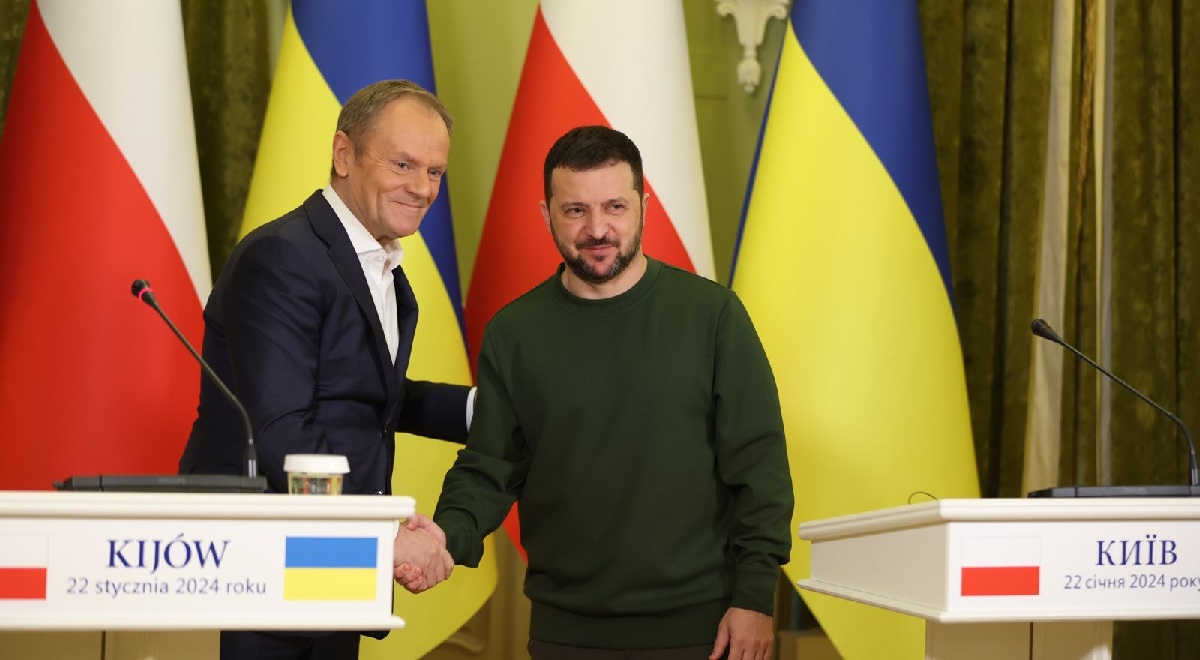 Polish Prime Minister Donald Tusk and Ukrainian President Volodymyr Zelensky meet in Kyiv in February 2024.