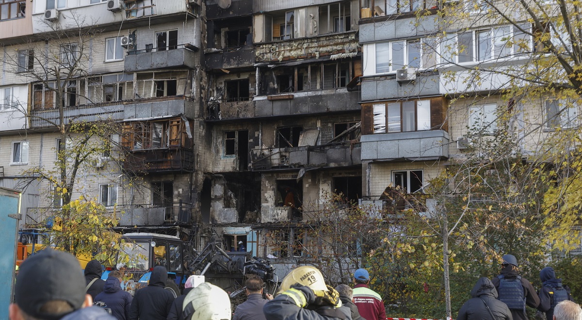 The aftermath of a Russian air attack on the Ukrainian capital Kyiv on Sunday, Oct. 26, 2025.